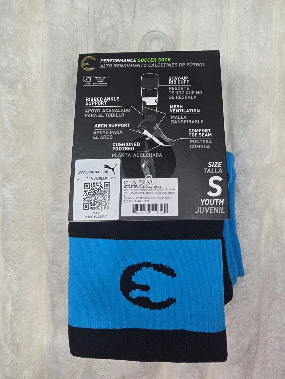 New Puma ProCat Youth Soccer Crew Socks - Black & Blue (2-Pack) Size 11-13
